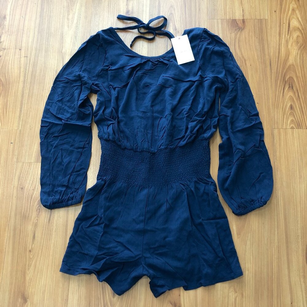 SPLENDID x Cella Jane Viscose Romper Smock Waist Long Sleeve Tie Back Navy XS